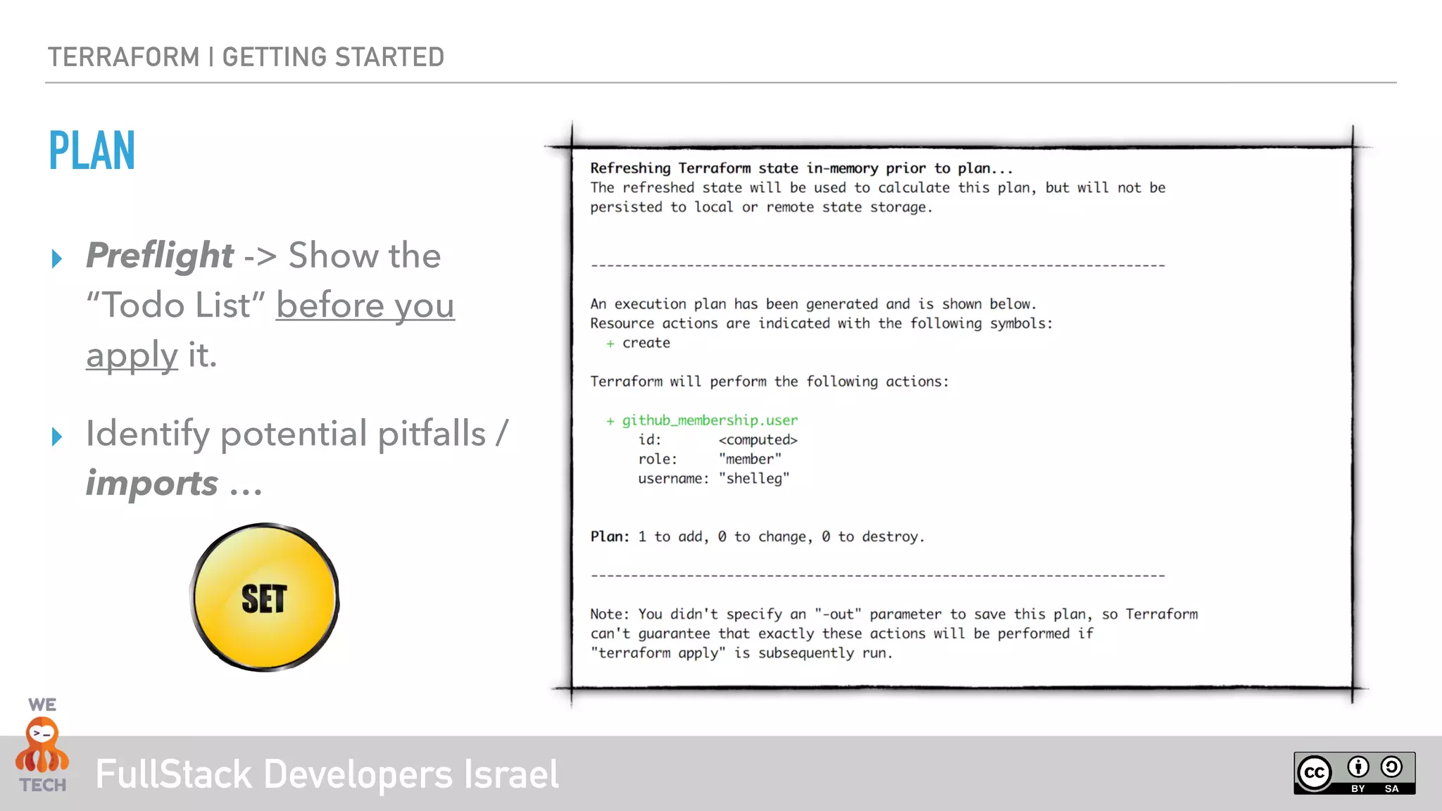 FullStack Developers Israel
TERRAFORM | GETTING STARTED
PLAN
‣ Preflight -> Show the
“Todo List” before you
apply it.
‣ Identify potential pitfalls /
imports …
 