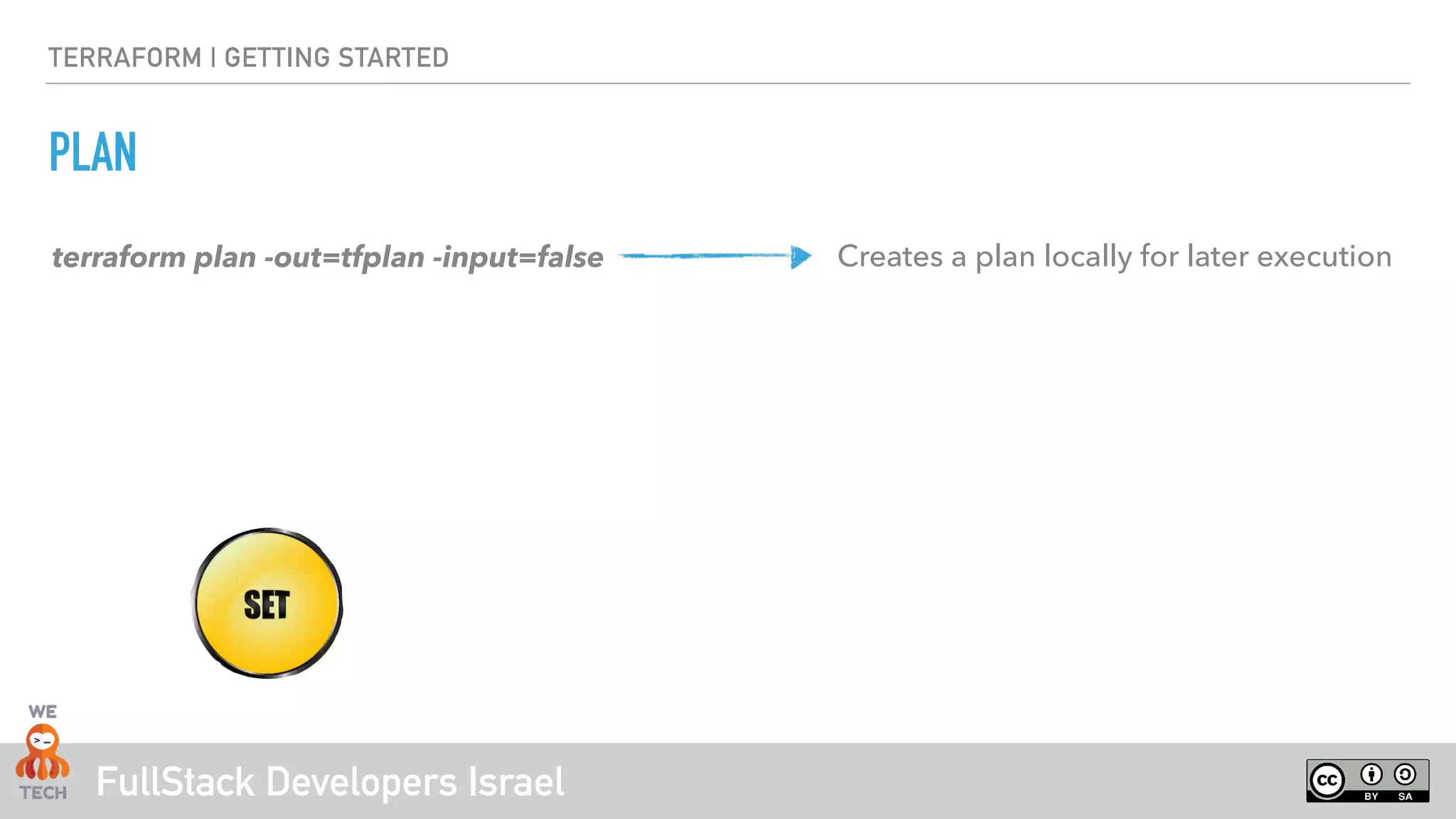 FullStack Developers Israel
TERRAFORM | GETTING STARTED
PLAN
terraform plan -out=tfplan -input=false Creates a plan locally for later execution
 