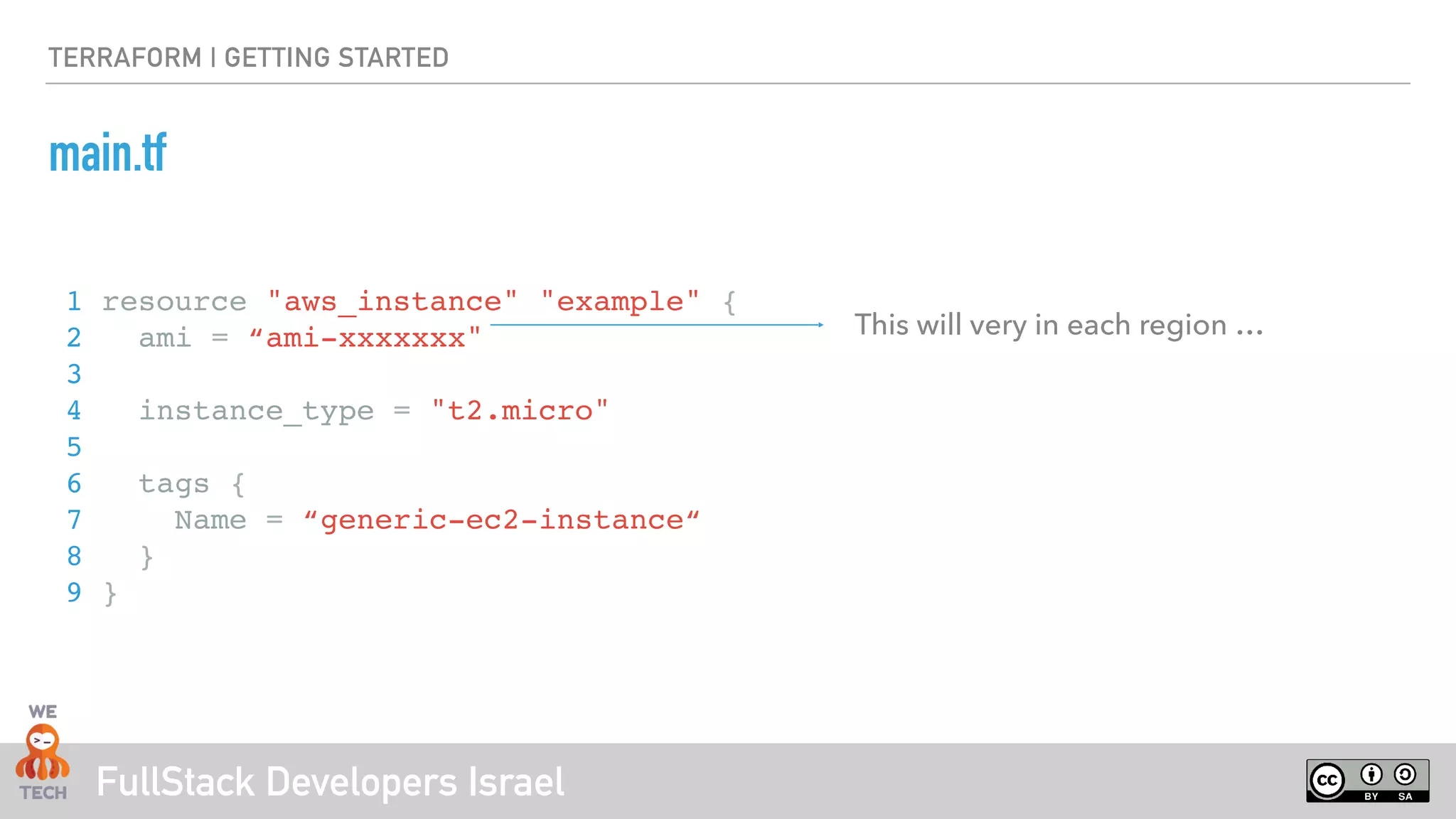 FullStack Developers Israel
TERRAFORM | GETTING STARTED
main.tf
1 resource "aws_instance" "example" {
2 ami = “ami-xxxxxxx"
3
4 instance_type = "t2.micro"
5
6 tags {
7 Name = “generic-ec2-instance“
8 }
9 }
This will very in each region …
 