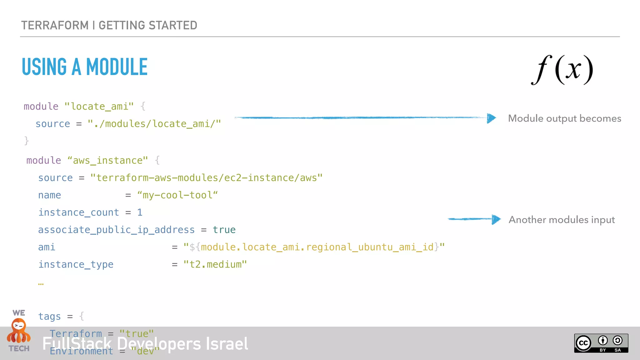 FullStack Developers Israel
TERRAFORM | GETTING STARTED
USING A MODULE
module "locate_ami" {
source = "./modules/locate_ami/"
}
module “aws_instance" {
source = "terraform-aws-modules/ec2-instance/aws"
name = “my-cool-tool“
instance_count = 1
associate_public_ip_address = true
ami = "${module.locate_ami.regional_ubuntu_ami_id}"
instance_type = "t2.medium"
…
tags = {
Terraform = "true"
Environment = "dev"
Module output becomes
Another modules input
 