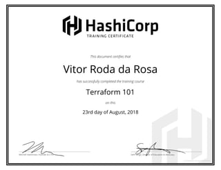 This document certifies that
Vitor Roda da Rosa
has successfully completed the training course
Terraform 101
on this
23rd day of August, 2018
Mitchell Hashimoto, Founder & CTO Seth Vargo, Director of Education & Advocacy
4CC4A98B-6D22-41B1-8E3A-1301FC91B2E2
 
