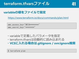 terraform.tfvarsե 41
variable΂եָ
aws_access_key="AKIA***"
aws_secret_key="***"
https://www.terraform.io/docs/commands/plan.html
?variableǶxѥ`ָ
?terraform.tfvarsԄӵĤizޤ
?VCSϤ.gitignore / svn:ignoreƊX
$ terraform plan
 