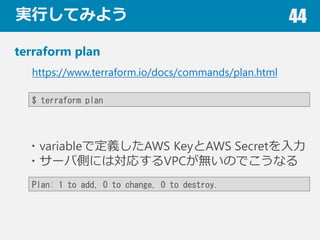 gФƤߤ褦 44
terraform plan
$ terraform plan
https://www.terraform.io/docs/commands/plan.html
?variableǶxAWS KeyAWS Secret
?`ЂȤˤόꤹVPCoΤǤʤ
Plan: 1 to add, 0 to change, 0 to destroy.
 