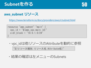 Subnet 50
aws_subnet ꥽`
https://www.terraform.io/docs/providers/aws/r/subnet.html
resource "aws_subnet" "main" {
vpc_id = "${aws_vpc.main.id}"
cidr_block = "10.0.1.0/24"
}
?vpc_id꥽`AttributeӵĤ˲
"${꥽`Ne.꥽`.Attribute}"
?Yδ_J˥`Subnets
 