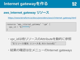Internet gateway 52
aws_internet_gateway ꥽`
https://www.terraform.io/docs/providers/aws/r/internet_gateway.html
resource "aws_internet_gateway" "igw" {
vpc_id = "${??????}"
}
?vpc_id꥽`AttributeӵĤ˲
?Yδ_J˥`Internet gateways
"${꥽`Ne.꥽`.Attribute}"
 