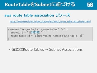 RouteTableSubnet˼~Ť 56
aws_route_table_association ꥽`
?_JRoute Tables  Subnet Associations
https://www.terraform.io/docs/providers/aws/r/route_table_association.html
resource "aws_route_table_association" "a" {
subnet_id = "${??????}"
route_table_id = "${aws_vpc.main.main_route_table_id}"
}
 