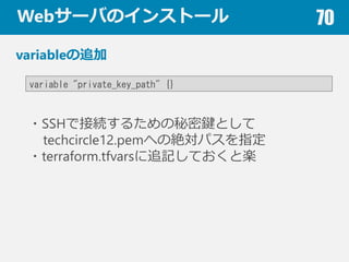 Web`ФΥ󥹥ȩ` 70
variable׷
variable "private_key_path" {}
?SSHǽӾA뤿IȤ
techcircle12.pemؤν~ѥָ
?terraform.tfvars׷ӛƤȘS
 