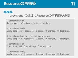 Resource٘B 71
٘B
$ terraform plan
No changes. Infrastructure is up-to-date.
$ terraform apply
Apply complete! Resources: 0 added, 0 changed, 0 destroyed.
$ terraform destroy --target aws_eip.web
Apply complete! Resources: 0 added, 0 changed, 1 destroyed.
$ terraform plan
Plan: 1 to add, 0 to change, 0 to destroy.
$ terraform apply
Apply complete! Resources: 1 added, 0 changed, 0 destroyed.
?provisioner׷ӤResource٘BҪ
 
