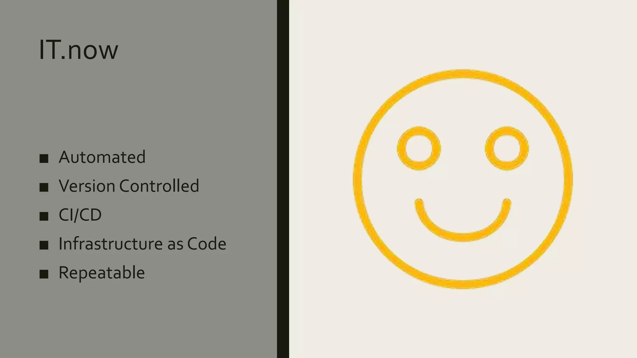 IT.now
■ Automated
■ Version Controlled
■ CI/CD
■ Infrastructure as Code
■ Repeatable
 