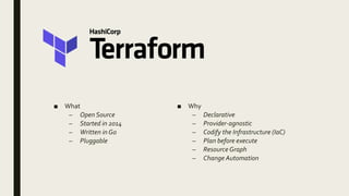 ■ Why
– Declarative
– Provider-agnostic
– Codify the Infrastructure (IaC)
– Plan before execute
– Resource Graph
– Change Automation
■ What
– Open Source
– Started in 2014
– Written in Go
– Pluggable
 