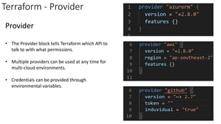 Terraform - Provider
Provider
• The Provider block tells Terraform which API to
talk to with what permissions.
• Multiple providers can be used at any time for
multi-cloud environments.
• Credentials can be provided through
environmental variables.
 
