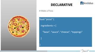 DECLARATIVE
# Make a Pizza
food “pizza” {
ingredients = [
“base”, “sauce”, “cheese”, “toppings”
]
}
 