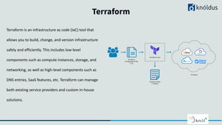 Terraform
Terraform is an infrastructure as code (IaC) tool that
allows you to build, change, and version infrastructure
safely and efficiently. This includes low-level
components such as compute instances, storage, and
networking, as well as high-level components such as
DNS entries, SaaS features, etc. Terraform can manage
both existing service providers and custom in-house
solutions.
 