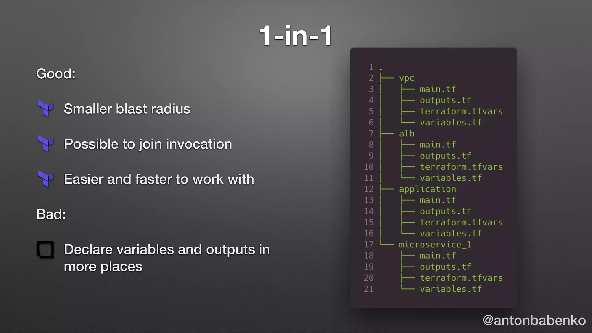 1-in-1
Good:
Smaller blast radius
Possible to join invocation
Easier and faster to work with
Bad:
Declare variables and outputs in
more places
@antonbabenko
 