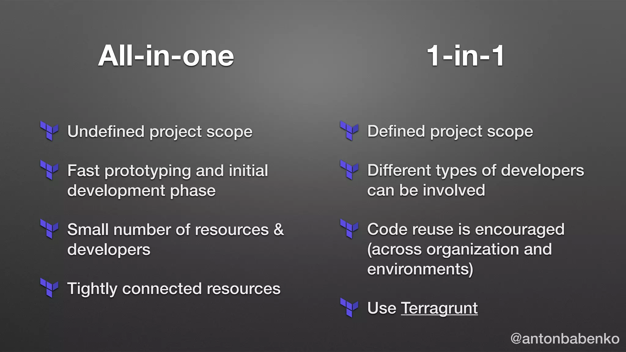 All-in-one
Undeﬁned project scope
Fast prototyping and initial
development phase
Small number of resources &
developers
Tightly connected resources
1-in-1
Deﬁned project scope
Different types of developers
can be involved
Code reuse is encouraged
(across organization and
environments)
Use Terragrunt
@antonbabenko
 