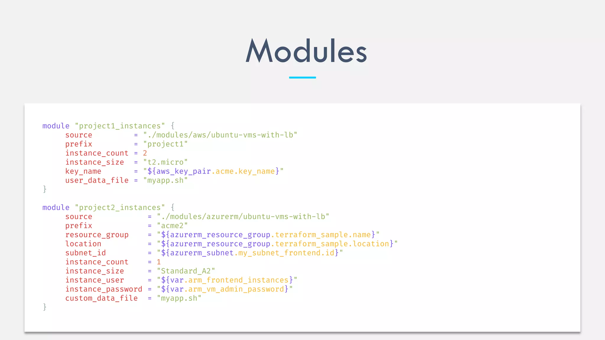 Modules
module "project1_instances" {
source = "./modules/aws/ubuntu-vms-with-lb"
prefix = "project1"
instance_count = 2
instance_size = "t2.micro"
key_name = "${aws_key_pair.acme.key_name}"
user_data_file = "myapp.sh"
}
module "project2_instances" {
source = "./modules/azurerm/ubuntu-vms-with-lb"
prefix = "acme2"
resource_group = "${azurerm_resource_group.terraform_sample.name}"
location = "${azurerm_resource_group.terraform_sample.location}"
subnet_id = "${azurerm_subnet.my_subnet_frontend.id}"
instance_count = 1
instance_size = "Standard_A2"
instance_user = "${var.arm_frontend_instances}"
instance_password = "${var.arm_vm_admin_password}"
custom_data_file = "myapp.sh"
}
 