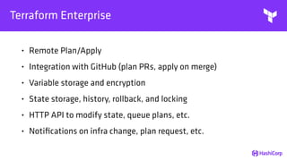 Terraform Enterprise
• Remote Plan/Apply
• Integration with GitHub (plan PRs, apply on merge)
• Variable storage and encryption
• State storage, history, rollback, and locking
• HTTP API to modify state, queue plans, etc.
• Notiﬁcations on infra change, plan request, etc.
 