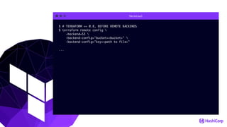 Terminal
$ # TERRAFORM <= 0.8, BEFORE REMOTE BACKENDS
$ terraform remote config 
-backend=S3 
-backend-config="bucket=<bucket>" 
-backend-config="key=<path to file>"
...
 