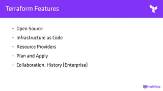 Terraform Features
• Open Source
• Infrastructure as Code
• Resource Providers
• Plan and Apply
• Collaboration, History [Enterprise]
 