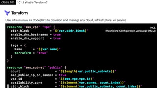 class 101 101.1 What is Terraform?
HCL
(Hashicorp Conﬁguration Language (HCL))
Use Infrastructure as Code(IaC) to provision and manage any cloud, infrastructure, or service
 