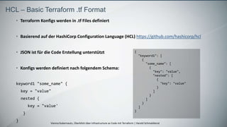 Vienna Kubernauts, Überblick über Infrastructure as Code mit Terraform | Harald Schmaldienst
• Terraform Konfigs werden in .tf Files definiert
• Basierend auf der HashiCorp Configuration Language (HCL) https://github.com/hashicorp/hcl
• JSON ist für die Code Erstellung unterstützt
• Konfigs werden definiert nach folgendem Schema:
keyword1 "some_name" {
key = "value"
nested {
key = "value'
}
}
HCL – Basic Terraform .tf Format
{
"keyword1": [
{
"some_name": [
{
"key": "value",
"nested": [
{
"key": "value"
}
]
}
]
}
]
}
 