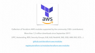 Collection of Terraform AWS modules supported by the community (100+ contributors).
More than 1,5 million downloads since September 2017.
(VPC, Autoscaling, RDS, Security Groups, ELB, ALB, Redshift, SNS, SQS, IAM, EKS, ECS…)
github.com/terraform-aws-modules
registry.terraform.io/modules/terraform-aws-modules
 