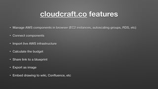 cloudcraft.co features
• Manage AWS components in browser (EC2 instances, autoscaling groups, RDS, etc)
• Connect components
• Import live AWS infrastructure
• Calculate the budget
• Share link to a blueprint
• Export as image
• Embed drawing to wiki, Conﬂuence, etc
 