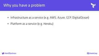 
Why you have a problem
• Infrastructure as a service (e.g. AWS, Azure, GCP, DigitalOcean)
• Platform as a service (e.g. Heroku)
sheriffjackson
 
