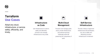 Copyright © 2018 HashiCorp ⁄
Terraform
Use Cases
Adopt any cloud,
infrastructure, or service
safely, efficiently, and
timely.
15Copyright © 2018 HashiCorp ⁄
Multi-Cloud
Management
Provision and manage public
cloud, private infrastructure,
and external services
holistically while still
preserving the uniqueness of
each.
Self-Service
Infrastructure
Provide a library of approved
infrastructure that developers
can use to safely and
efficiently provision
infrastructure on-demand.
Infrastructure
as Code
Use infrastructure as code to
safely and efficiently
provision and manage
infrastructure at any scale.
 