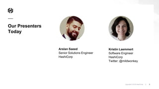 Copyright © 2018 HashiCorp ⁄ 2
Arslan Saeed
Senior Solutions Engineer
HashiCorp
Kristin Laemmert
Software Engineer
HashiCorp
Twitter: @mildwonkey
Our Presenters
Today
 