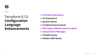 © 2018 HashiCorp
Terraform 0.12:
Configuration
Language
Enhancements
20
● First Class Expressions
● For Expressions
● Dynamic Blocks
● Conditional Improvements
● Rich Types in Module inputs & outputs
● Improved Error Messages
● Template Syntax
● Reliable JSON Syntax
 