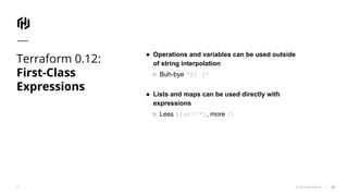 © 2018 HashiCorp
Terraform 0.12:
First-Class
Expressions
23
● Operations and variables can be used outside
of string interpolation
○ Buh-bye “${ }”
● Lists and maps can be used directly with
expressions
○ Less list(""), more []
 