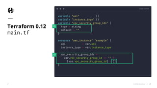 CODE EDITOR
© 2018 HashiCorp
variable "ami" {}
variable "instance_type" {}
variable "vpc_security_group_ids" {
type = string
default = ""
}
resource "aws_instance" "example" {
ami = var.ami
instance_type = var.instance_type
vpc_security_group_ids =
var.vpc_security_group_id != "" ?
[var.vpc_security_group_id] : []
}
Terraform 0.12
main.tf
27
 