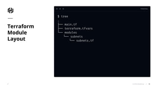 TERMINAL
© 2018 HashiCorp
$ tree
.
├── main.tf
├── terraform.tfvars
└── modules
└── subnets
└── subnets.tf
Terraform
Module
Layout
30
 