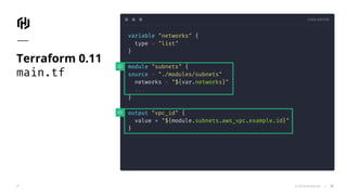 CODE EDITOR
© 2018 HashiCorp
variable "networks" {
type = "list"
}
module "subnets" {
source = "./modules/subnets"
networks = "${var.networks}"
...
}
output "vpc_id" {
value = "${module.subnets.aws_vpc.example.id}"
}
Terraform 0.11
main.tf
31
 