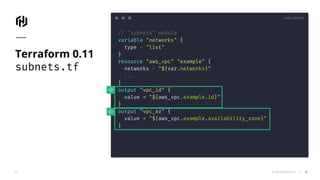 CODE EDITOR
© 2018 HashiCorp
// "subnets" module
variable "networks" {
type = "list"
}
resource "aws_vpc" "example" {
networks = "${var.networks}"
...
}
output "vpc_id" {
value = "${aws_vpc.example.id}"
}
output "vpc_az" {
value = "${aws_vpc.example.availability_zone}"
}
Terraform 0.11
subnets.tf
32
 