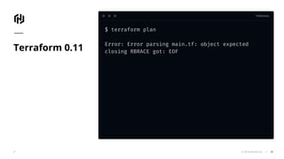 TERMINAL
© 2018 HashiCorp
$ terraform plan
Error: Error parsing main.tf: object expected
closing RBRACE got: EOFTerraform 0.11
38
 