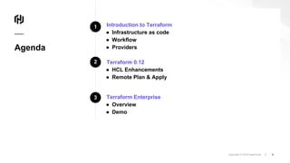 Copyright © 2018 HashiCorp ⁄
Introduction to Terraform
● Infrastructure as code
● Workflow
● Providers
Terraform 0.12
● HCL Enhancements
● Remote Plan & Apply
Terraform Enterprise
● Overview
● Demo
4
Agenda
1
2
3
 