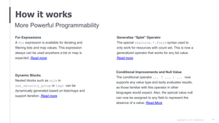 Copyright © 2017 HashiCorp 60
How it works
For Expressions
A for expression is available for iterating and
filtering lists and map values. This expression
always can be used anywhere a list or map is
expected. Read more
Generalize “Splat” Operator
The special resource.*.field syntax used to
only work for resources with count set. This is now a
generalized operator that works for any list value.
Read more
More Powerful Programmability
Conditional Improvements and Null Value
The conditional operator ... ? ... : ... now
supports any value type and lazily evaluates results,
as those familiar with this operator in other
languages would expect. Also, the special value null
can now be assigned to any field to represent the
absence of a value. Read More
Dynamic Blocks
Nested blocks such as rule in
aws_security_group or tags can be
dynamically generated based on lists/maps and
support iteration. Read more
 