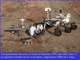 Tres generaciones de rovers: al centro el Sojourner (1997) que mide 2 pies. A
la izquierda el modelo de los rovers Spirit y Opportunity (2004) de 5.2 pies
 