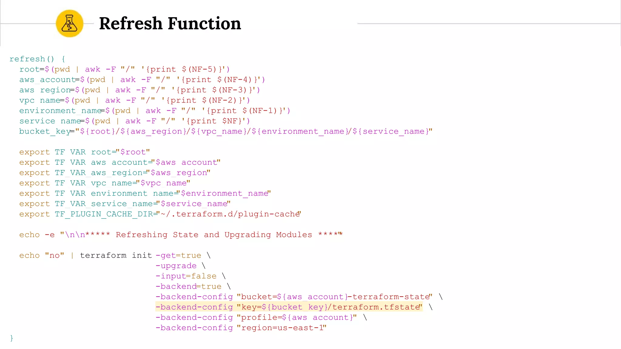 refresh() {
root=$(pwd | awk -F "/" '{print $(NF-5)}')
aws_account=$(pwd | awk -F "/" '{print $(NF-4)}')
aws_region=$(pwd | awk -F "/" '{print $(NF-3)}')
vpc_name=$(pwd | awk -F "/" '{print $(NF-2)}')
environment_name=$(pwd | awk -F "/" '{print $(NF-1)}')
service_name=$(pwd | awk -F "/" '{print $NF}')
bucket_key="${root}/${aws_region}/${vpc_name}/${environment_name}/${service_name}"
export TF_VAR_root="$root"
export TF_VAR_aws_account="$aws_account"
export TF_VAR_aws_region="$aws_region"
export TF_VAR_vpc_name="$vpc_name"
export TF_VAR_environment_name="$environment_name"
export TF_VAR_service_name="$service_name"
export TF_PLUGIN_CACHE_DIR="~/.terraform.d/plugin-cache"
echo -e "nn***** Refreshing State and Upgrading Modules *****"
echo "no" | terraform init -get=true 
-upgrade 
-input=false 
-backend=true 
-backend-config "bucket=${aws_account}-terraform-state" 
-backend-config "key=${bucket_key}/terraform.tfstate" 
-backend-config "profile=${aws_account}" 
-backend-config "region=us-east-1"
}
Refresh Function
 