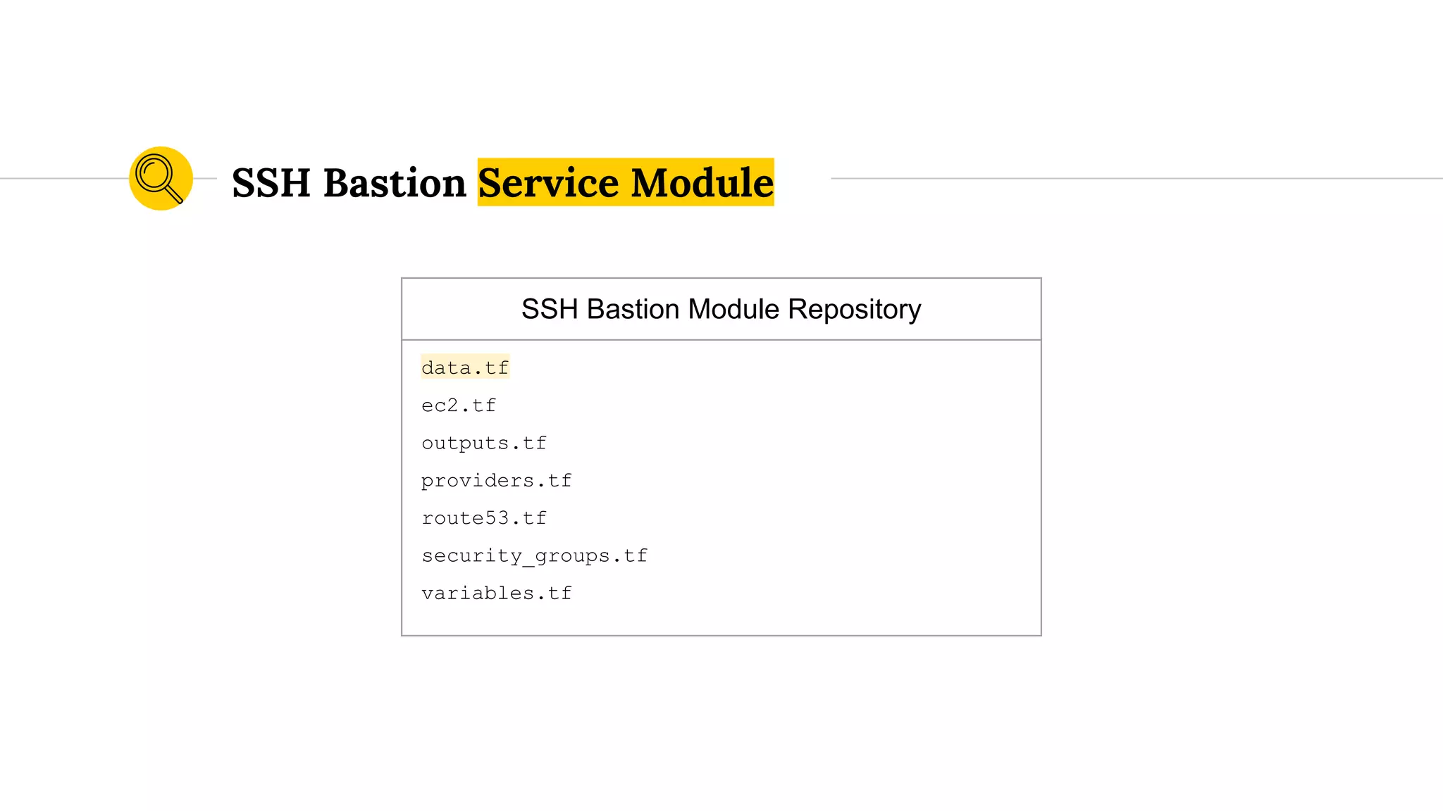 SSH Bastion Module Repository
data.tf
ec2.tf
outputs.tf
providers.tf
route53.tf
security_groups.tf
variables.tf
SSH Bastion Service Module
 