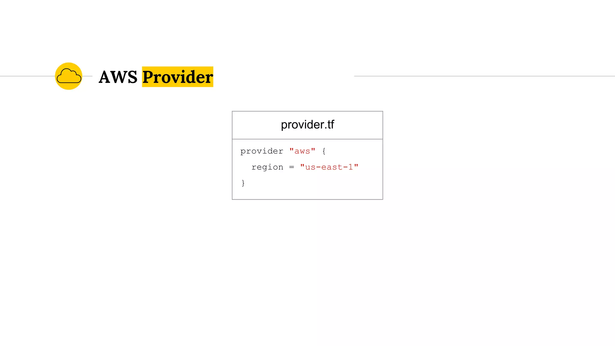 AWS Provider
provider.tf
provider "aws" {
region = "us-east-1"
}
 