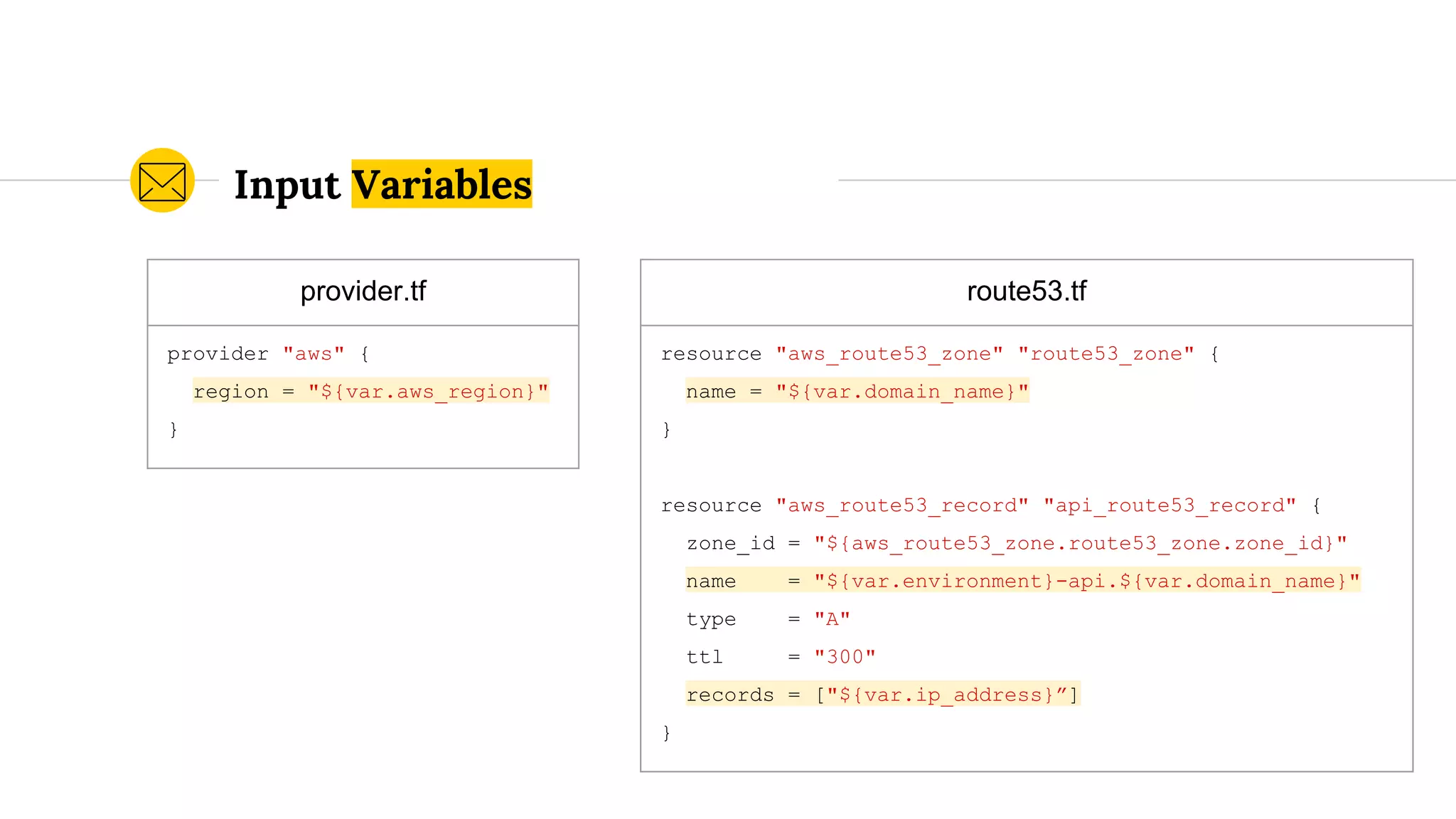 Input Variables
provider.tf
provider "aws" {
region = "${var.aws_region}"
}
route53.tf
resource "aws_route53_zone" "route53_zone" {
name = "${var.domain_name}"
}
resource "aws_route53_record" "api_route53_record" {
zone_id = "${aws_route53_zone.route53_zone.zone_id}"
name = "${var.environment}-api.${var.domain_name}"
type = "A"
ttl = "300"
records = ["${var.ip_address}”]
}
 