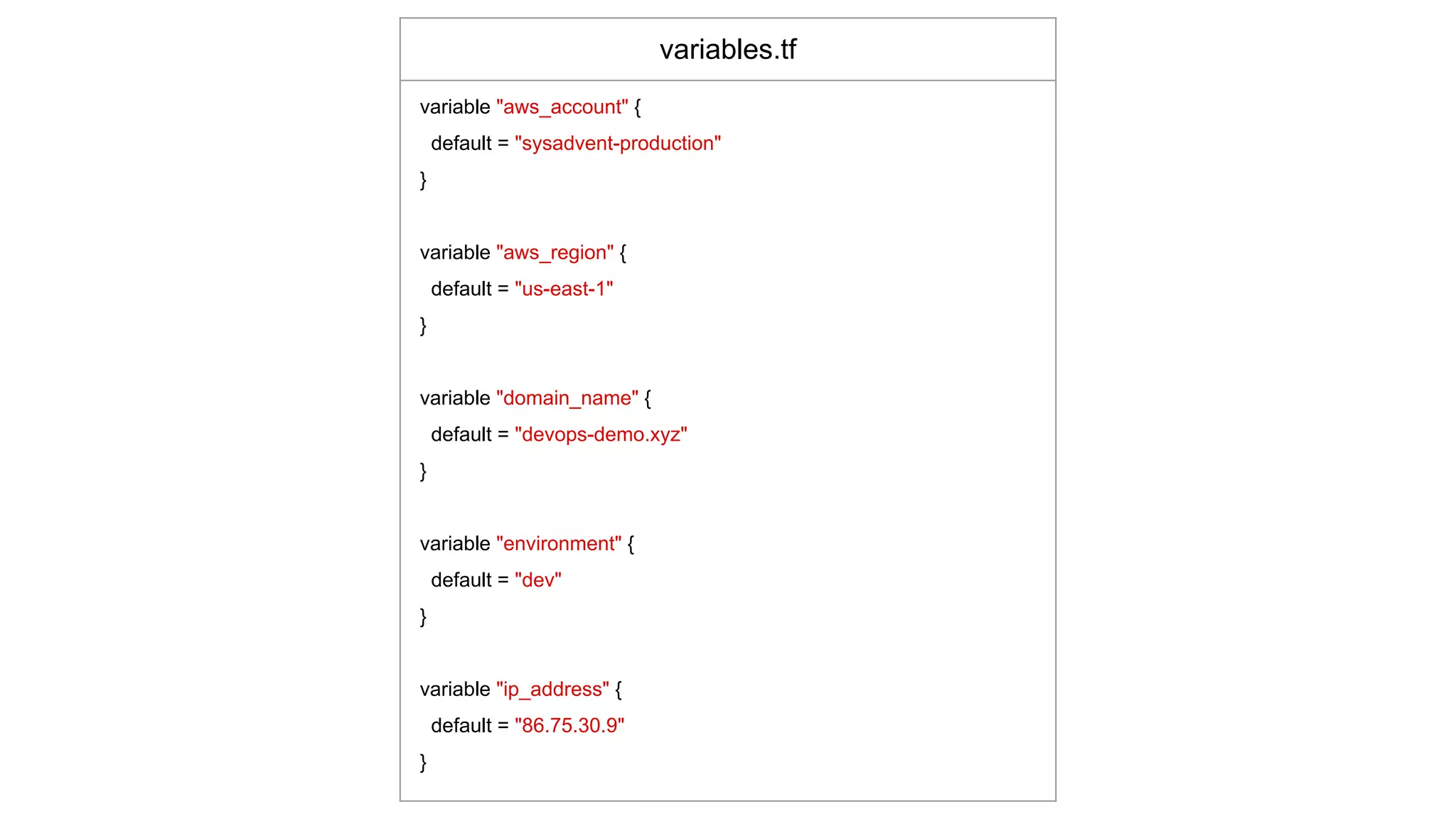 variables.tf
variable "aws_account" {
default = "sysadvent-production"
}
variable "aws_region" {
default = "us-east-1"
}
variable "domain_name" {
default = "devops-demo.xyz"
}
variable "environment" {
default = "dev"
}
variable "ip_address" {
default = "86.75.30.9"
}
 