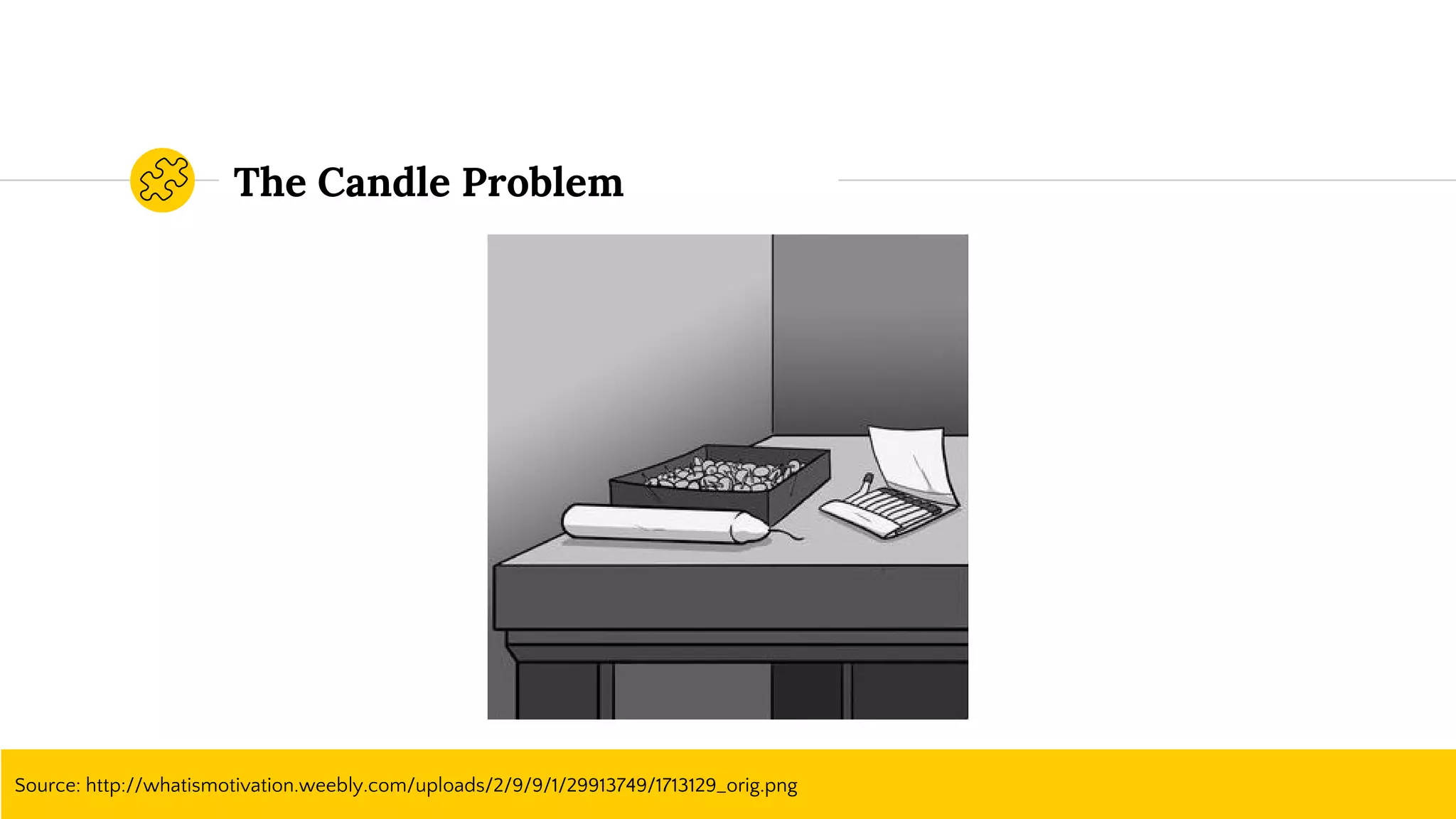 The Candle Problem
Source: http://whatismotivation.weebly.com/uploads/2/9/9/1/29913749/1713129_orig.png
 