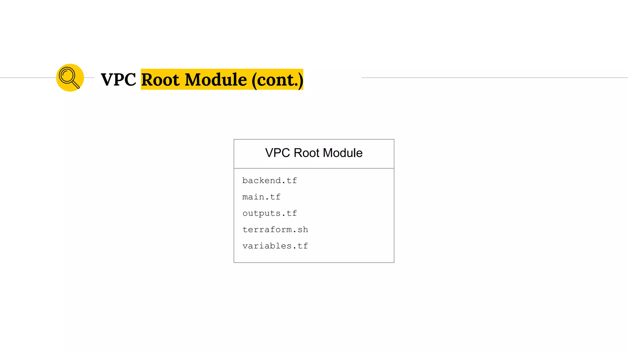 VPC Root Module
backend.tf
main.tf
outputs.tf
terraform.sh
variables.tf
VPC Root Module (cont.)
 