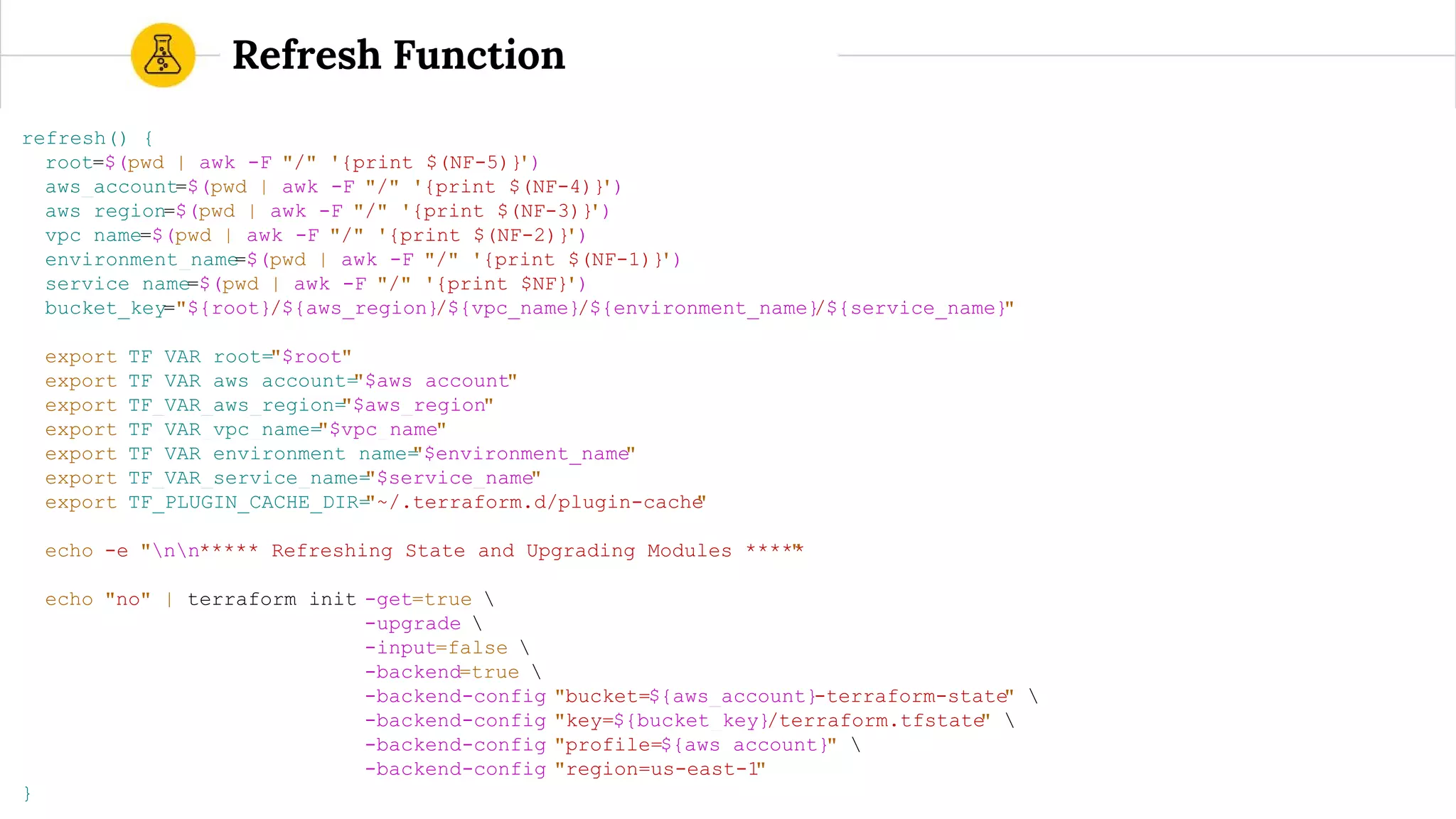 refresh() {
root=$(pwd | awk -F "/" '{print $(NF-5)}')
aws_account=$(pwd | awk -F "/" '{print $(NF-4)}')
aws_region=$(pwd | awk -F "/" '{print $(NF-3)}')
vpc_name=$(pwd | awk -F "/" '{print $(NF-2)}')
environment_name=$(pwd | awk -F "/" '{print $(NF-1)}')
service_name=$(pwd | awk -F "/" '{print $NF}')
bucket_key="${root}/${aws_region}/${vpc_name}/${environment_name}/${service_name}"
export TF_VAR_root="$root"
export TF_VAR_aws_account="$aws_account"
export TF_VAR_aws_region="$aws_region"
export TF_VAR_vpc_name="$vpc_name"
export TF_VAR_environment_name="$environment_name"
export TF_VAR_service_name="$service_name"
export TF_PLUGIN_CACHE_DIR="~/.terraform.d/plugin-cache"
echo -e "nn***** Refreshing State and Upgrading Modules *****"
echo "no" | terraform init -get=true 
-upgrade 
-input=false 
-backend=true 
-backend-config "bucket=${aws_account}-terraform-state" 
-backend-config "key=${bucket_key}/terraform.tfstate" 
-backend-config "profile=${aws_account}" 
-backend-config "region=us-east-1"
}
Refresh Function
 