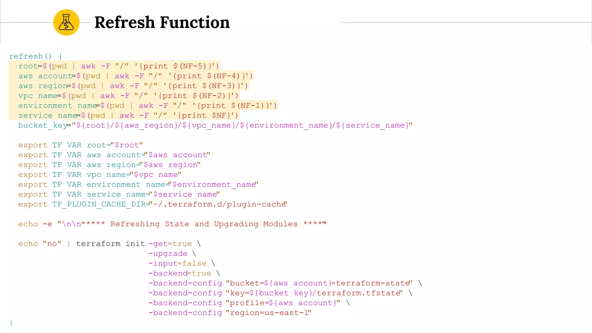 refresh() {
root=$(pwd | awk -F "/" '{print $(NF-5)}')
aws_account=$(pwd | awk -F "/" '{print $(NF-4)}')
aws_region=$(pwd | awk -F "/" '{print $(NF-3)}')
vpc_name=$(pwd | awk -F "/" '{print $(NF-2)}')
environment_name=$(pwd | awk -F "/" '{print $(NF-1)}')
service_name=$(pwd | awk -F "/" '{print $NF}')
bucket_key="${root}/${aws_region}/${vpc_name}/${environment_name}/${service_name}"
export TF_VAR_root="$root"
export TF_VAR_aws_account="$aws_account"
export TF_VAR_aws_region="$aws_region"
export TF_VAR_vpc_name="$vpc_name"
export TF_VAR_environment_name="$environment_name"
export TF_VAR_service_name="$service_name"
export TF_PLUGIN_CACHE_DIR="~/.terraform.d/plugin-cache"
echo -e "nn***** Refreshing State and Upgrading Modules *****"
echo "no" | terraform init -get=true 
-upgrade 
-input=false 
-backend=true 
-backend-config "bucket=${aws_account}-terraform-state" 
-backend-config "key=${bucket_key}/terraform.tfstate" 
-backend-config "profile=${aws_account}" 
-backend-config "region=us-east-1"
}
Refresh Function
 