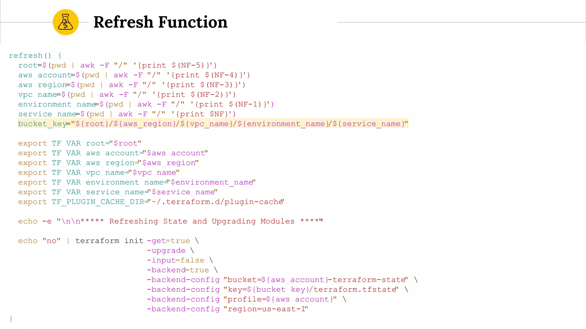 refresh() {
root=$(pwd | awk -F "/" '{print $(NF-5)}')
aws_account=$(pwd | awk -F "/" '{print $(NF-4)}')
aws_region=$(pwd | awk -F "/" '{print $(NF-3)}')
vpc_name=$(pwd | awk -F "/" '{print $(NF-2)}')
environment_name=$(pwd | awk -F "/" '{print $(NF-1)}')
service_name=$(pwd | awk -F "/" '{print $NF}')
bucket_key="${root}/${aws_region}/${vpc_name}/${environment_name}/${service_name}"
export TF_VAR_root="$root"
export TF_VAR_aws_account="$aws_account"
export TF_VAR_aws_region="$aws_region"
export TF_VAR_vpc_name="$vpc_name"
export TF_VAR_environment_name="$environment_name"
export TF_VAR_service_name="$service_name"
export TF_PLUGIN_CACHE_DIR="~/.terraform.d/plugin-cache"
echo -e "nn***** Refreshing State and Upgrading Modules *****"
echo "no" | terraform init -get=true 
-upgrade 
-input=false 
-backend=true 
-backend-config "bucket=${aws_account}-terraform-state" 
-backend-config "key=${bucket_key}/terraform.tfstate" 
-backend-config "profile=${aws_account}" 
-backend-config "region=us-east-1"
}
Refresh Function
 